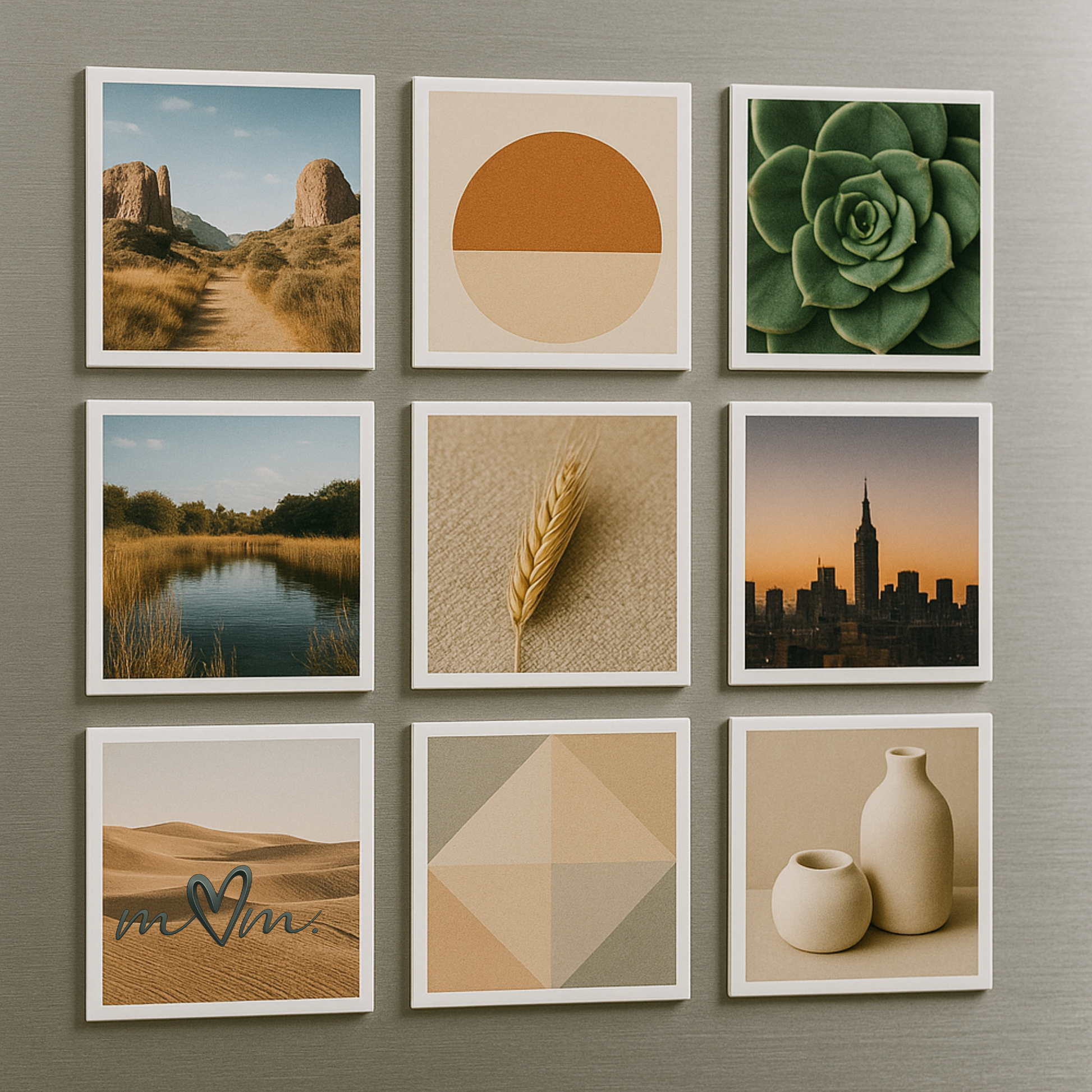 Set of handmade 2x2" magnets on the fridge, featuring landscapes and nature.