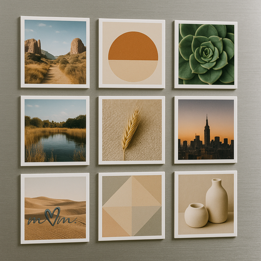 Set of handmade 2x2" magnets on the fridge, featuring landscapes and nature.