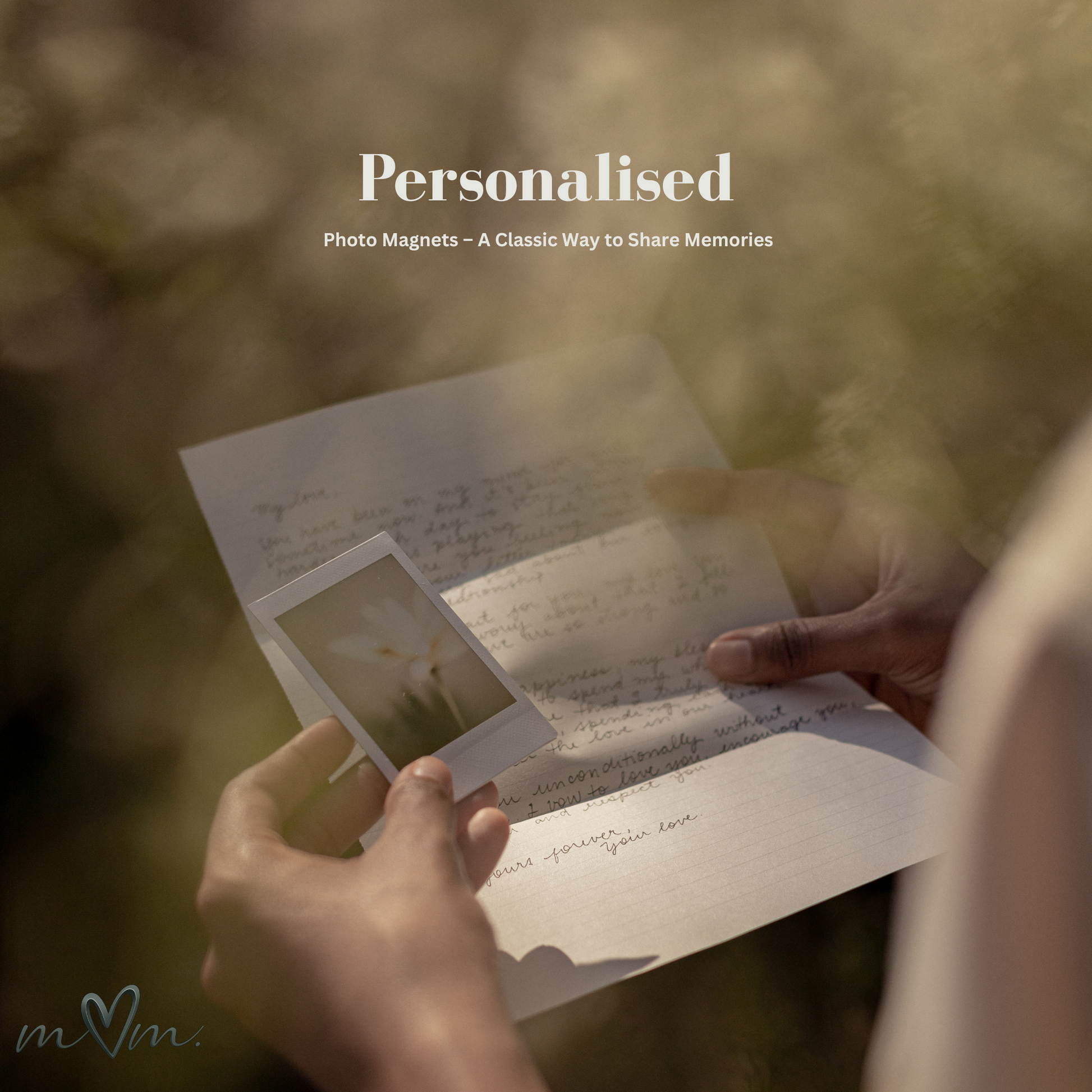 Person holding a photo magnet over an open book with text, with 'Personalised Photo Magnets' text overlay.