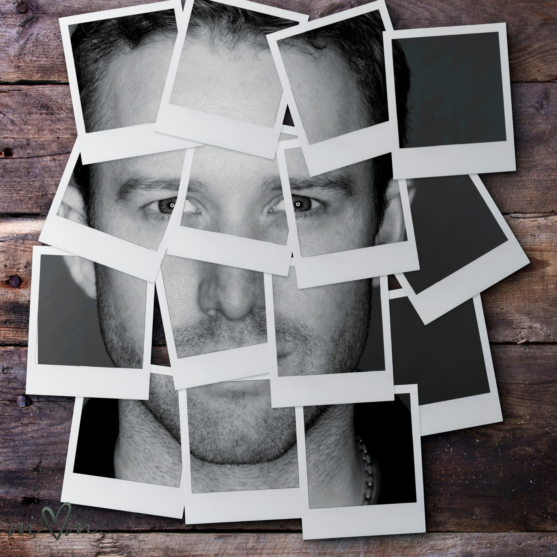 Collage of black and white photos of a man's face on a wooden surface