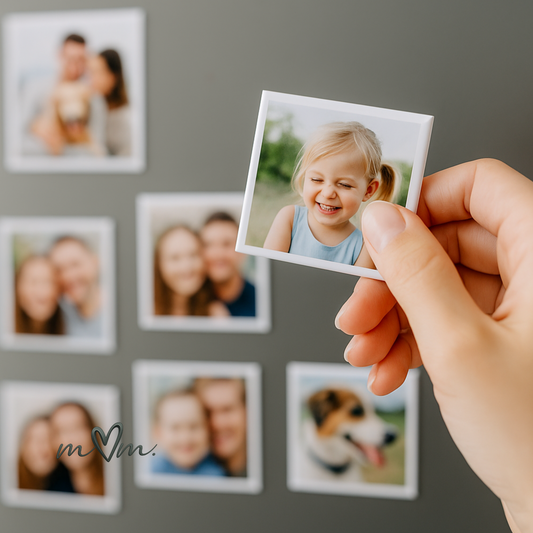 Hand holding a small photo of a smiling child in front of a wall with other family photos.