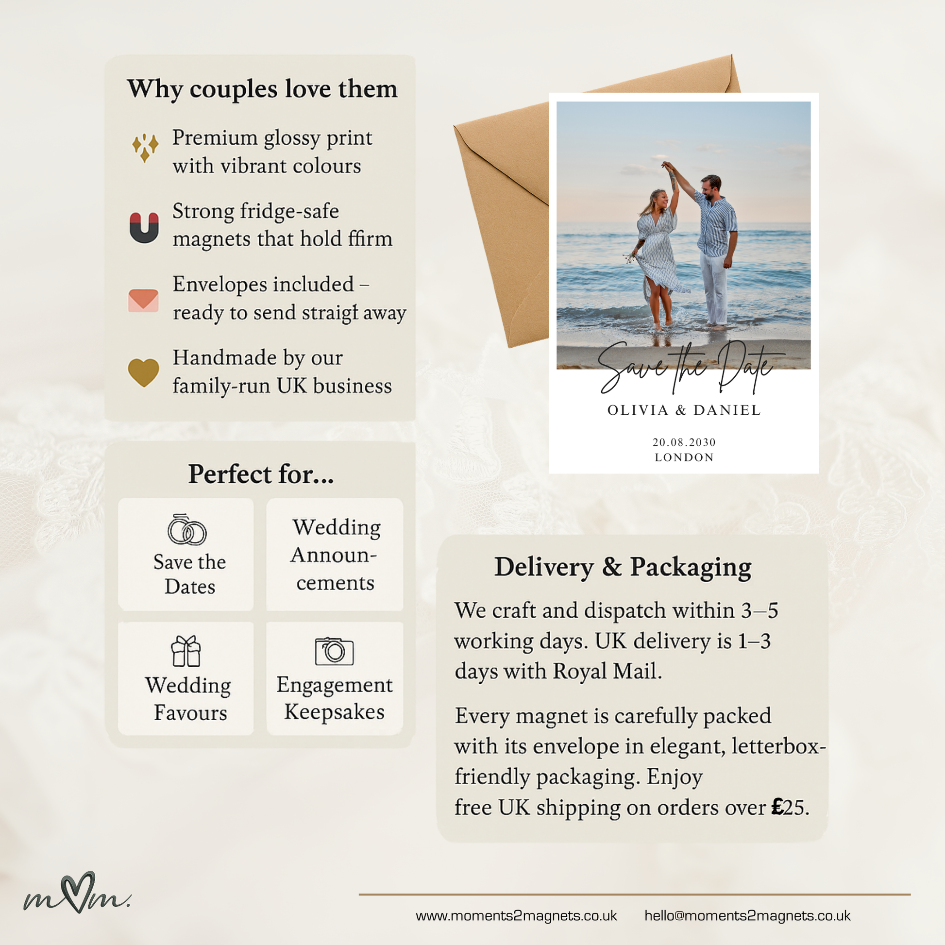 Promotional image of a 'Save the Date' magnet with a couple on a beach, featuring text about product features and usage.