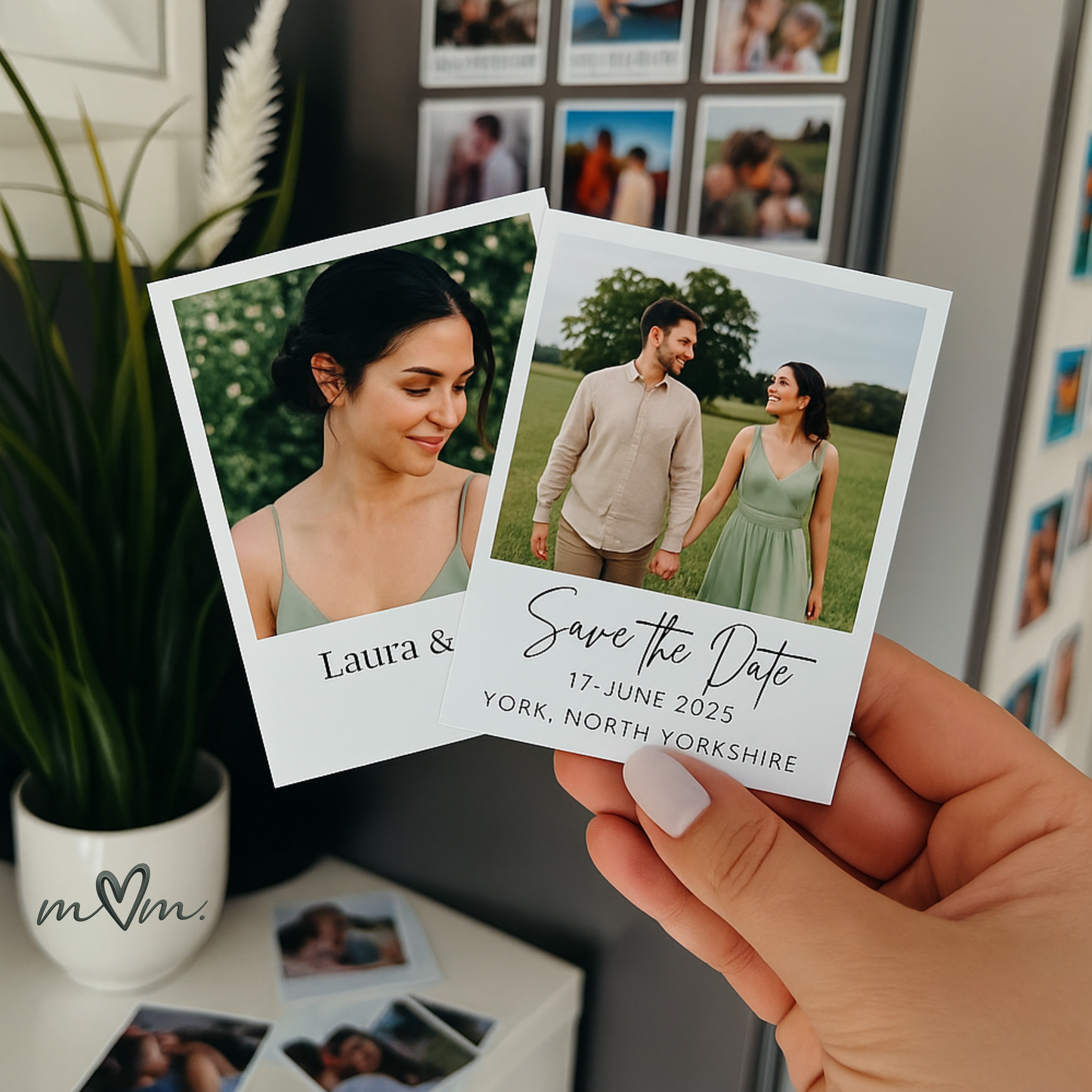 Two photo cards held by a hand with 'Save the Date' text and images of a couple.