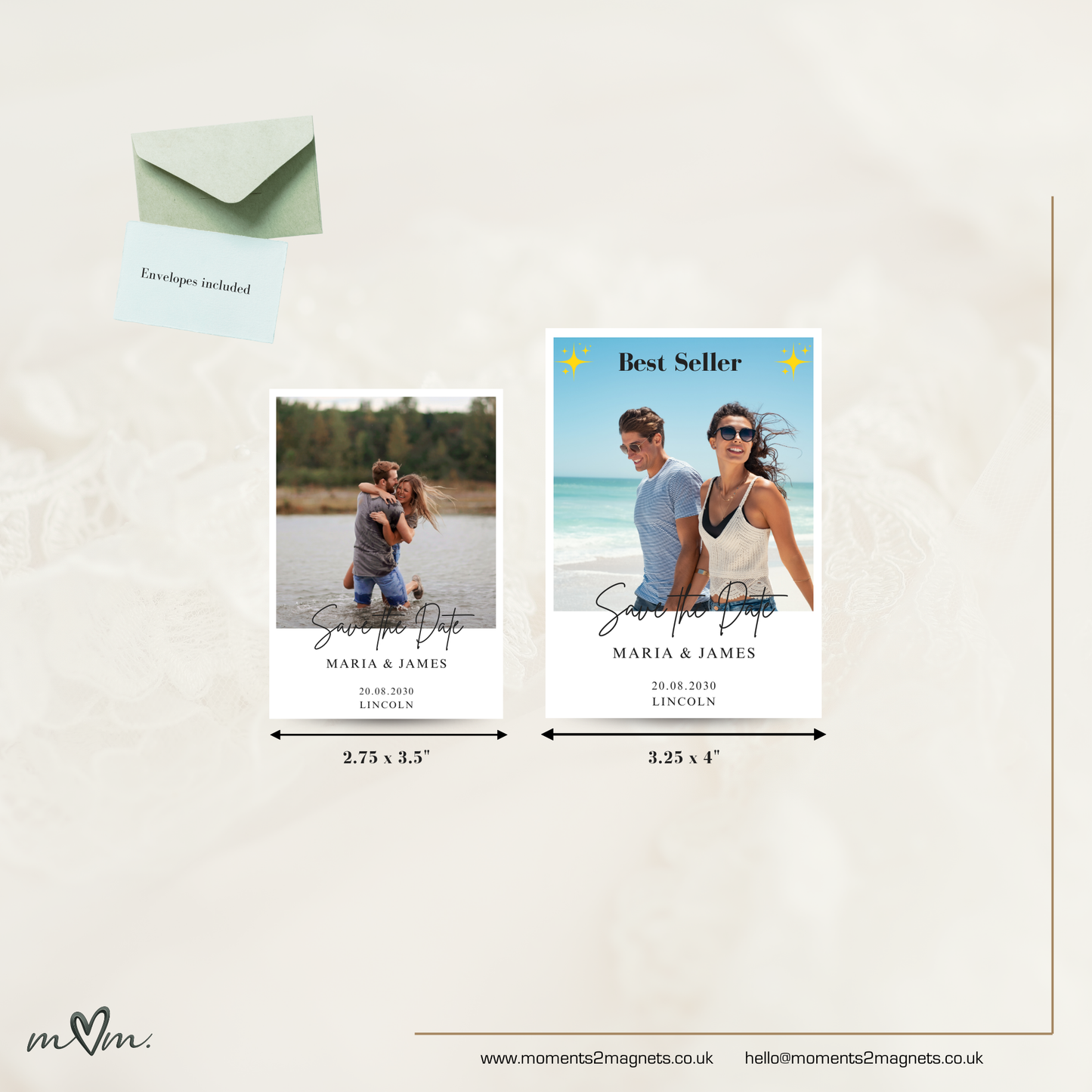 Two 'Save the Date' cards with a couple on a beach and another on a lake, with envelopes included.