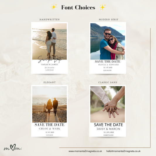 Collage of 'Save the Date' cards with different font styles on a light background.