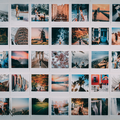 Grid of various photos on a wall, including landscapes and people.