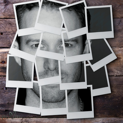 Collage of black and white photos of a man's face on a wooden surface